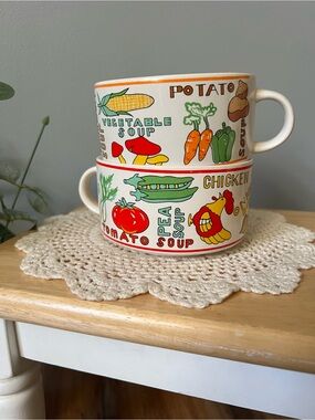 Cisco Torrance Soup Bowls w/ Handles Vegetable Motif 1970’s Retro MCM